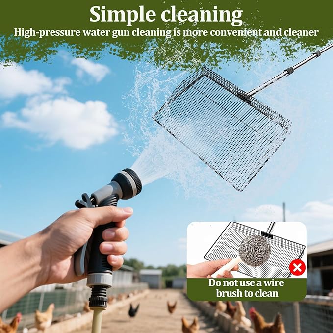 Chicken Coop Scoop, Chicken Scooper for Poop and Poop Rake, 15" Extra Large Poop Shovel with 24-68" Stainless Handle, Heavy Duty Chicken Coop Cleaning Tools for Sifting Litter in Coops
