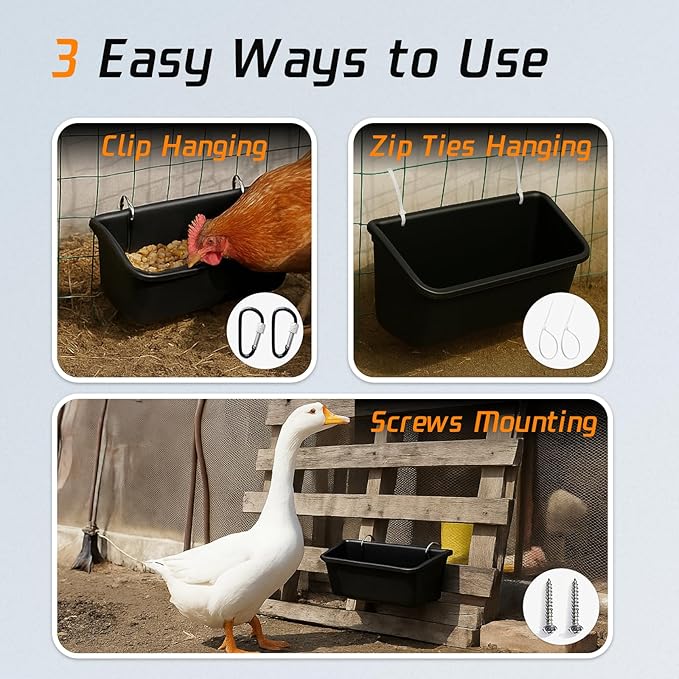 Hanging Chicken Feeder Troughs (2Pack, 5 Qt) – Durable Black Plastic Poultry Feed & Water Buckets with Metal D‑Clips, Multi‑Animal Goat, Sheep, Duck, Pig, Horse, Chicken Coop Feeder