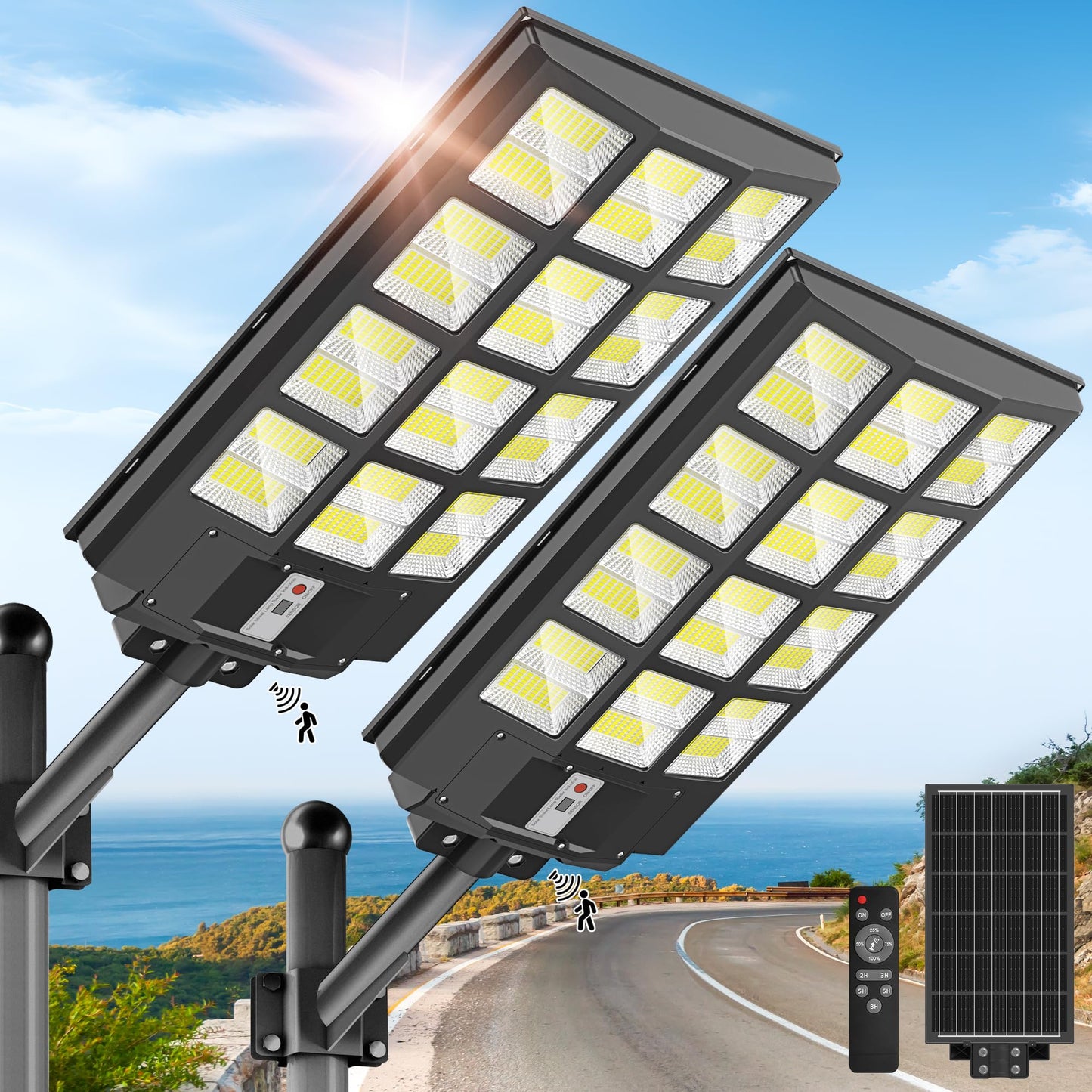 8000W Solar Street Lights Outdoor - 7000K Solar Lights Outdoor Waterproof Dusk to Dawn, Commercial Solar Parking Lot Lights with Motion Sensor, Solar Powered LED Street Light for Yard, Outside(2 Pack)