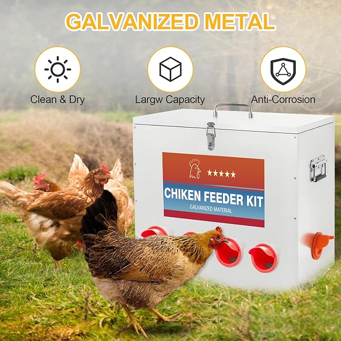 85-120LBS Metal Chicken Feeder No Waste 10 Ports Automatic Large Poultry Feeder with Latch & Handle for Chickens, Geese, Ducks, Turkeys, Quails, Weatherproof