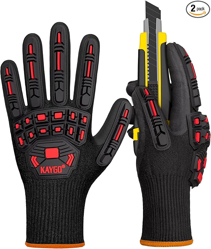 KAYGO Cut Resistant Safety Work Gloves，ANSI Cut level A3,Impact Reducing Work Gloves for Men, TPR Impact Reducing Mechanic,KG30NB,2 Pairs Black,2X-Large