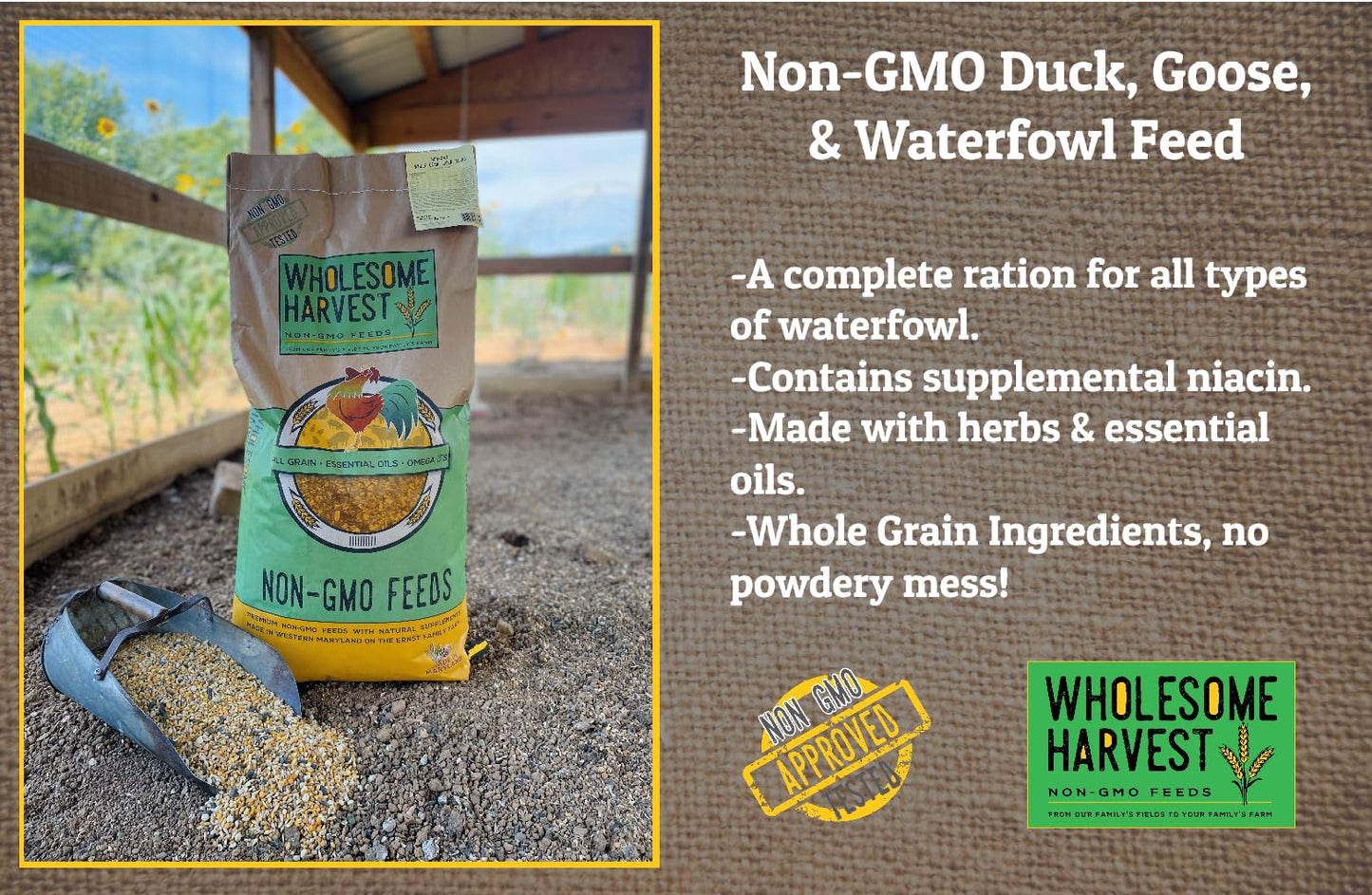 Wholesome Harvest Non-GMO 10 lb Duck Food, Goose & Waterfowl Feed – 18% High Protein, Complete Bird Feed with Cracked Corn, Soybeans, Vitamins & Probiotics Formula for Healthy Flock Growth