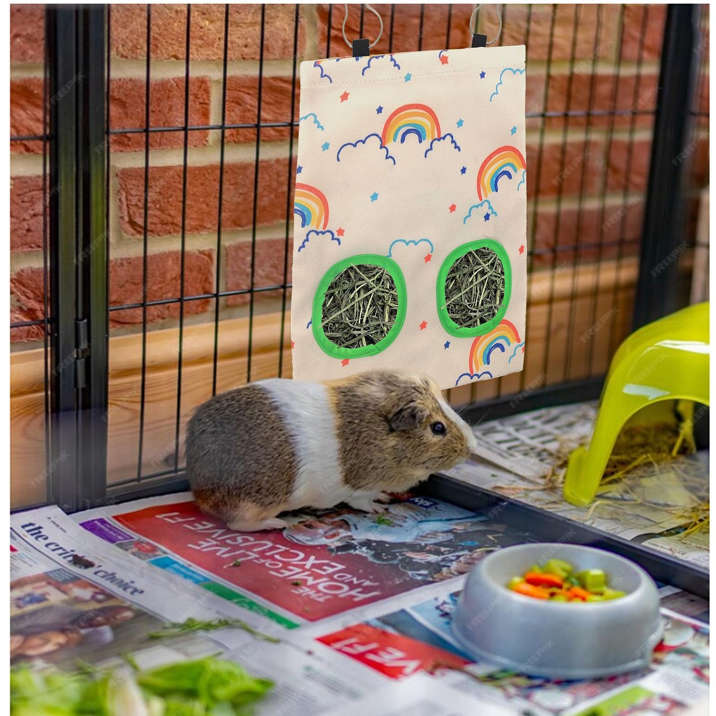 2Pcs Hay Bag for Rabbits - 2 Holes 9×11.5 Inch Colorful Rainbow Guinea Pig Hanging Hay Feeder Bags Washable Bunny Hay Bag Storage Dispenser for Guinea Pig Chinchilla Hamster Bunny Small Animal Pet