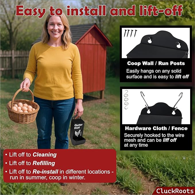 Chicken Coop Accessories Oyster Shell Feeder & Chicken Grit Feeder Set, No-Waste All‑Weather Thick‑Wall Design, Lift-Off Wall-Mounted Gravity Dispenser w/Rain Lid, Chickens Gifts for Chickens Lovers