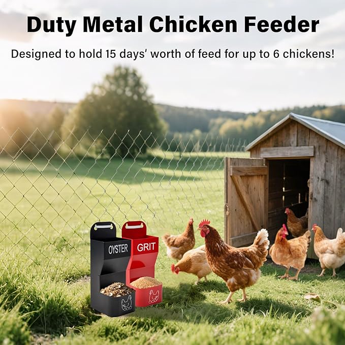 2 Pack Chicken Oyster Shell Feeder and Grit Device, Corner Chicken Feeder, Coop Accessories, Suitable for Hens and Chicks (Black + Red - 2)