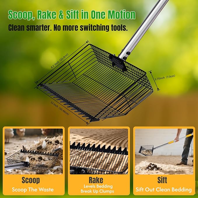 Chicken Coop Poop Scooper with Rake - Ergonomic 12" Sand Sifter Scoop, 65"Adjustable Long Handle, Heavy Duty Litter Pooper Cleaning Tool for Dust Bath,Chicken Run,Dog Yard, Farm Animals