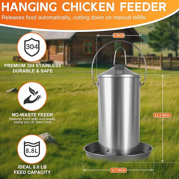 8.8lb Stainless Steel Hanging Chicken Feeder, Metal No Waste Poultry Feeder, Rustproof, Reusable, Long-Lasting, Gravity Feed Chicken Coop Accessories for Chicken, Geese, Duck, Hens, Rooster, Chick