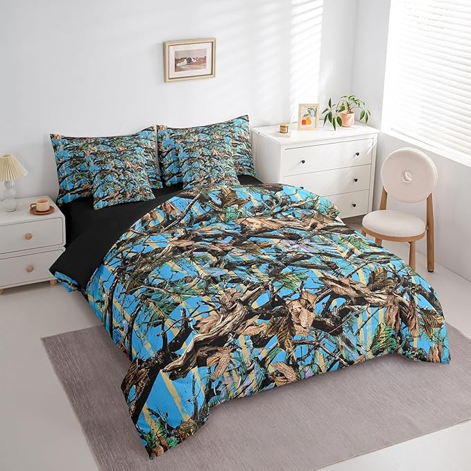 Feelyou Tree Branches 7 Pieces Bedding Set, for Kids Wild Hunting Leaf Bed Set Twin Size Botanical Tree Bed in a Bag with Comforter, Sheets, Pillowcases Bedroom Decor Nature Theme Blue Brown
