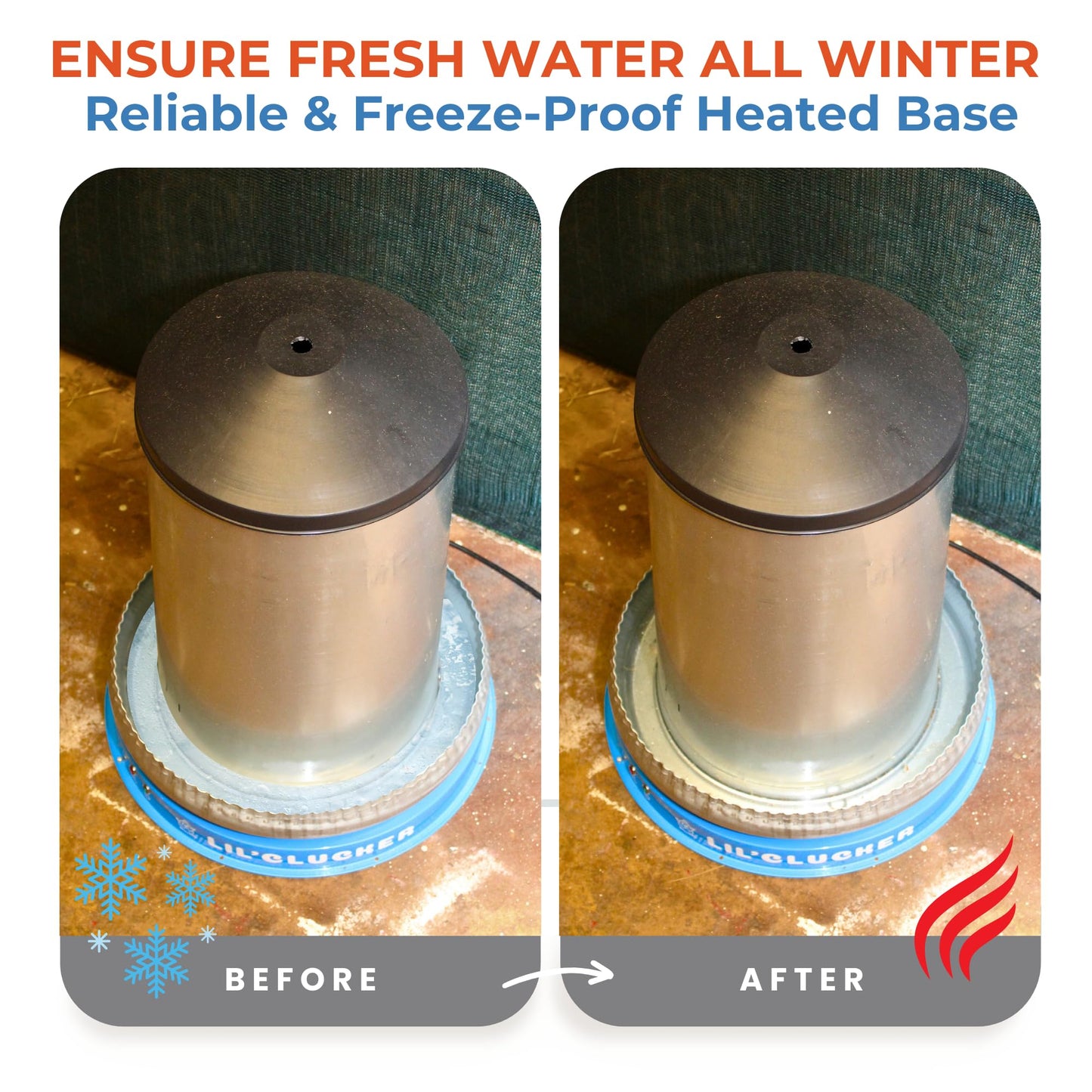 Lil'Clucker Heated Base for Chicken Waterer – Automatic Metal Freeze Proof Heated Chicken Waterer with Heater & LED – Poultry Heated Waterer for Winter (Blue, 15 Inch)