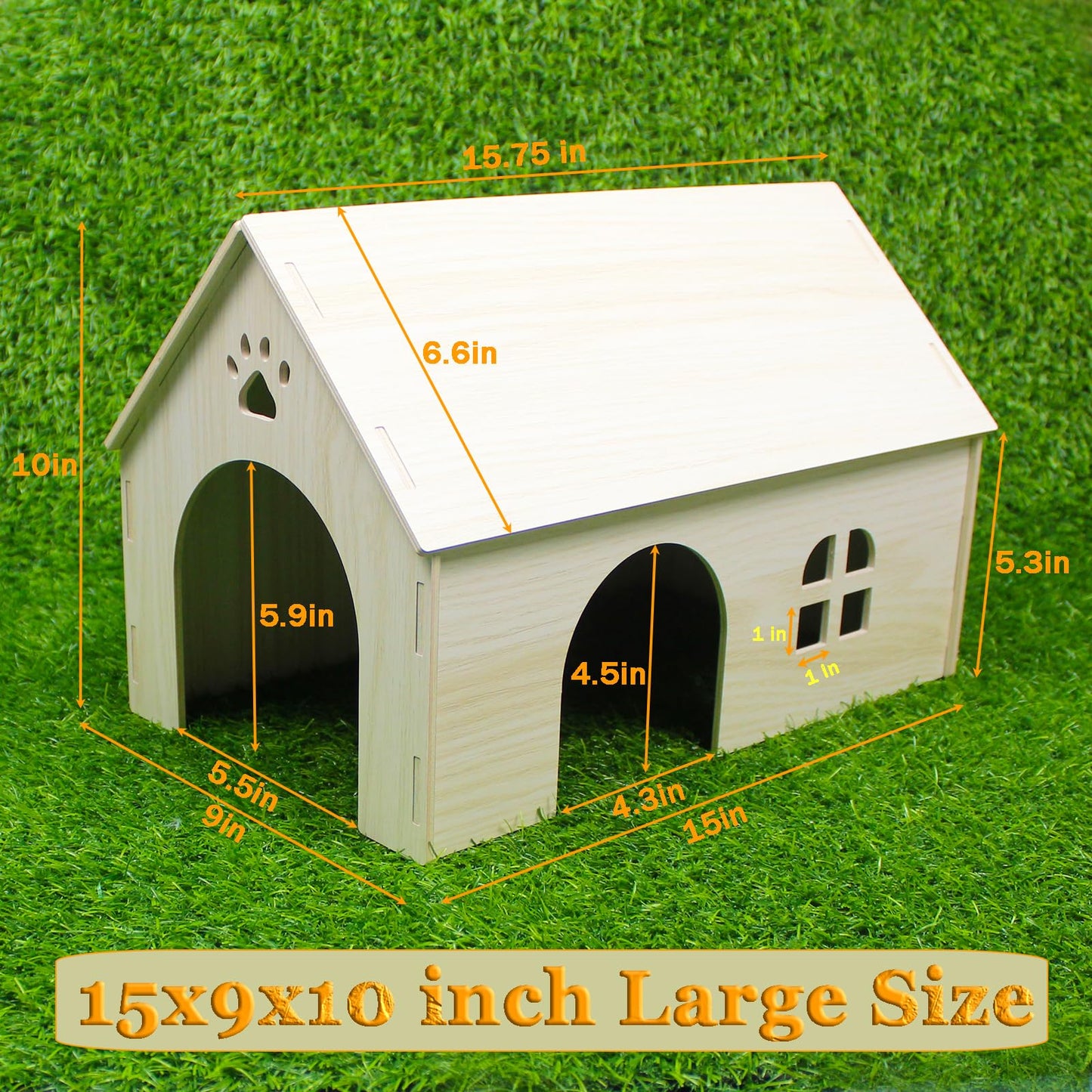 Amonk Guinea Pig Hideout 15x9x10 inch Large Size Wooden House with Window and Roof Wood Hut Habitats Decor for Bunny, Chinchillas, Dwarf Rabbits, Hamsters, and Other Small Pet Animals