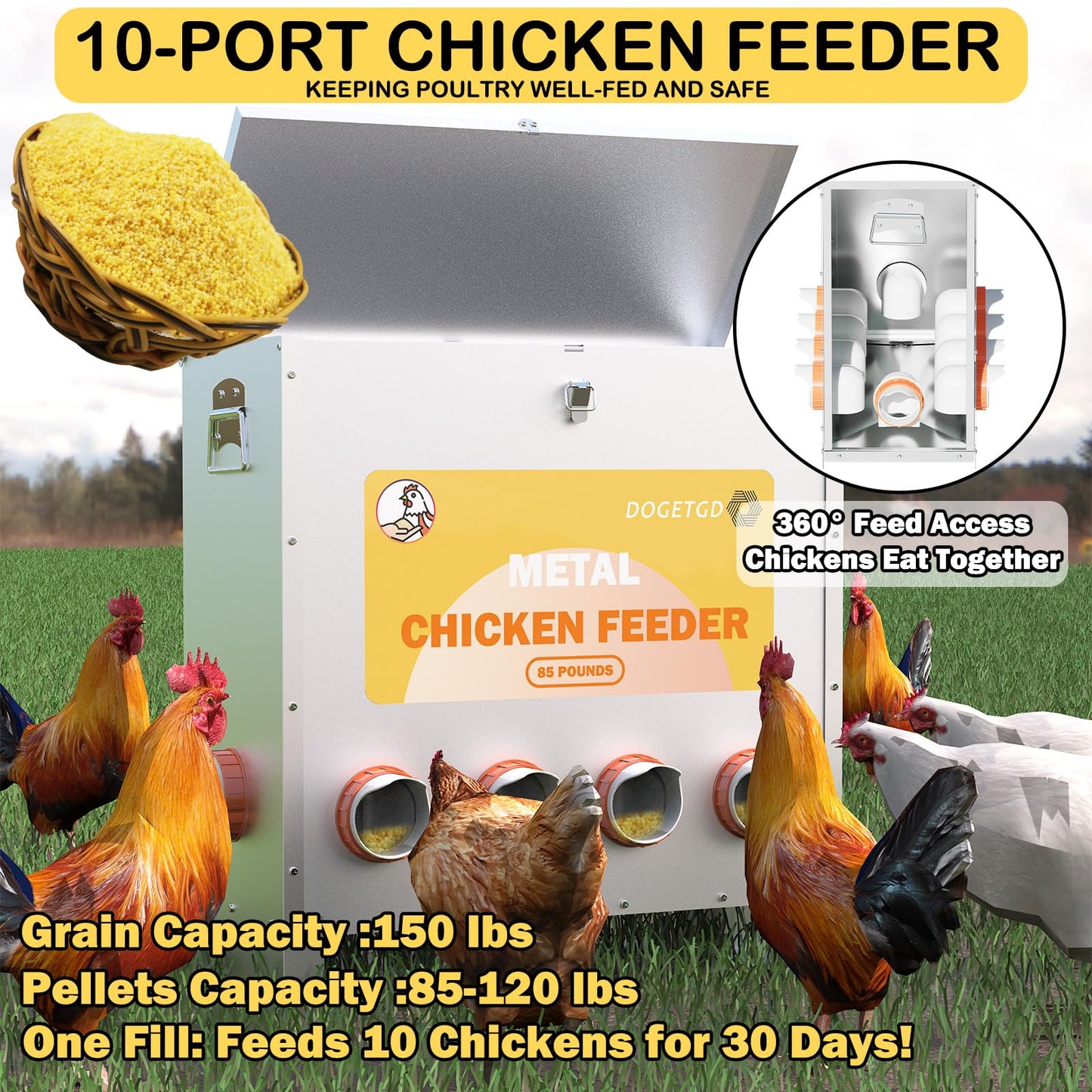 Automatic Chicken Feeder No Waste Metal Poultry Feeder Large Capacity 85lbs for Chickens, Geese, Ducks, Turkeys, Quails (10-Port)