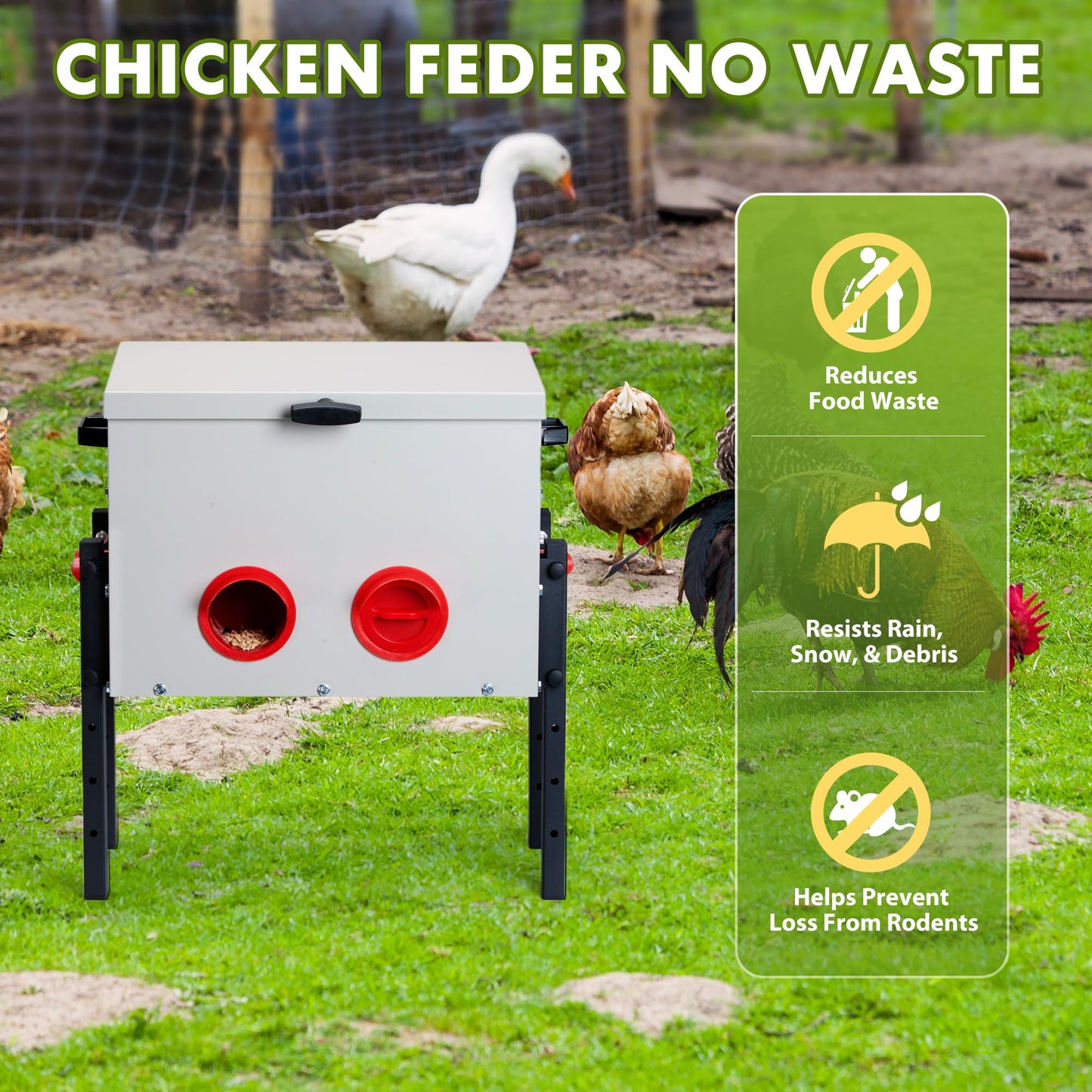 GVGBUK Metal Chicken Feeder with 4 Ports, 30 lbs Metal Poultry Feeder, Height Adjustable Weatherproof Feeding Box for Chickens, Geese, Ducks, Turkeys, Quails