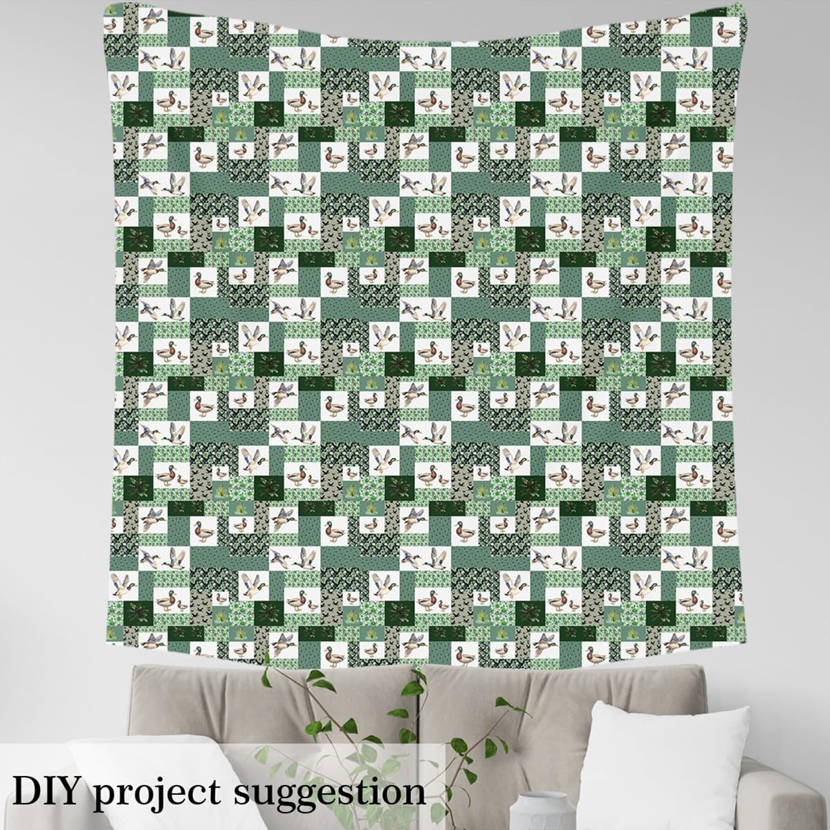 Erosebridal Mallard Duck Fabric by The Yard,Cabin Hunting Animal Upholstery Fabric for Chairs Sofa,Farmhouse Patchwork Waterproof Outdoor Decor,Green White,2 Yards