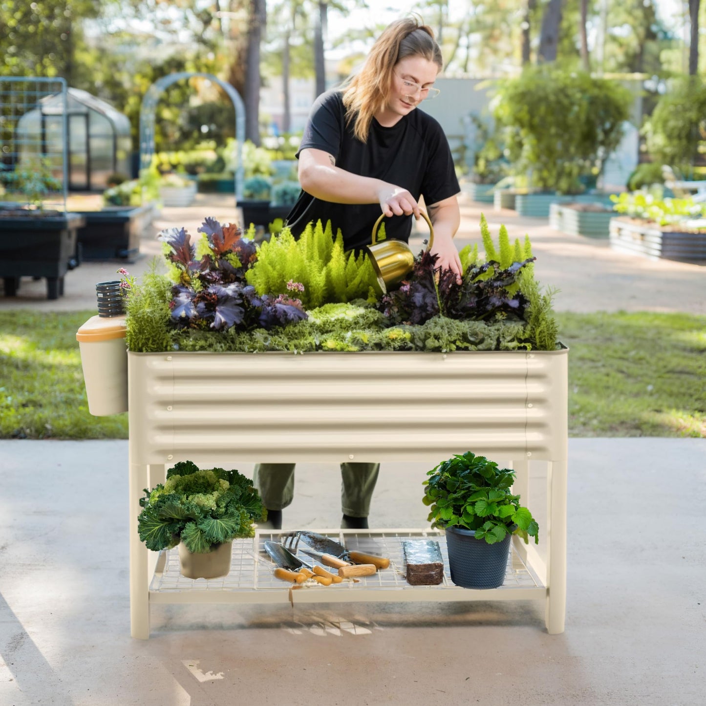 32" Elevated Raised Garden Bed & 2-Tiered Plant Stand Indoor with Grow Lights