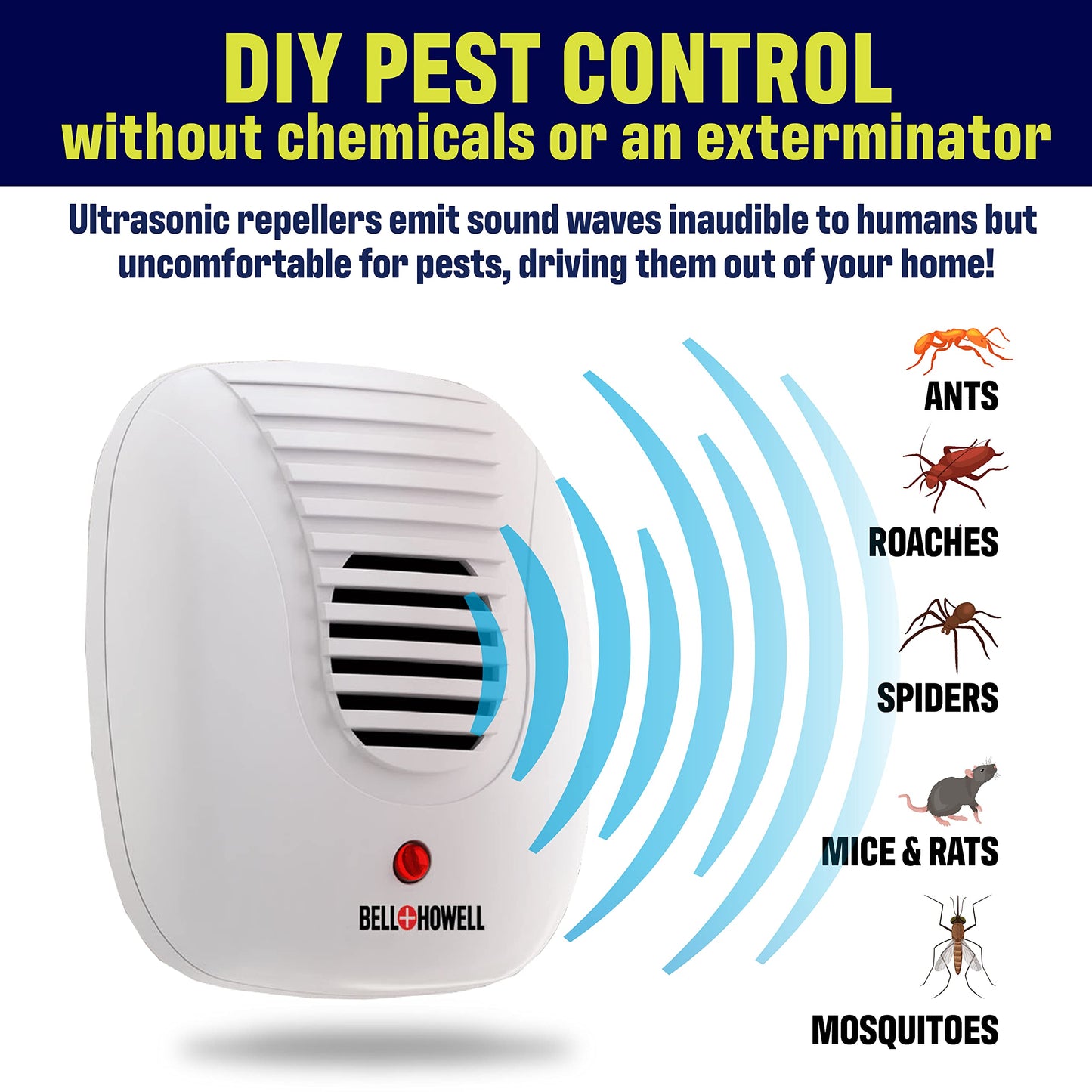 Bell+Howell Ultrasonic Pest Repeller Plug in Device Assorted 8 Pack, Effectively Aids to Repel mice, Bugs, Rats, Rodents, Mosquitos, roaches, Spiders and Ants Chemical, Odor and Sound Free