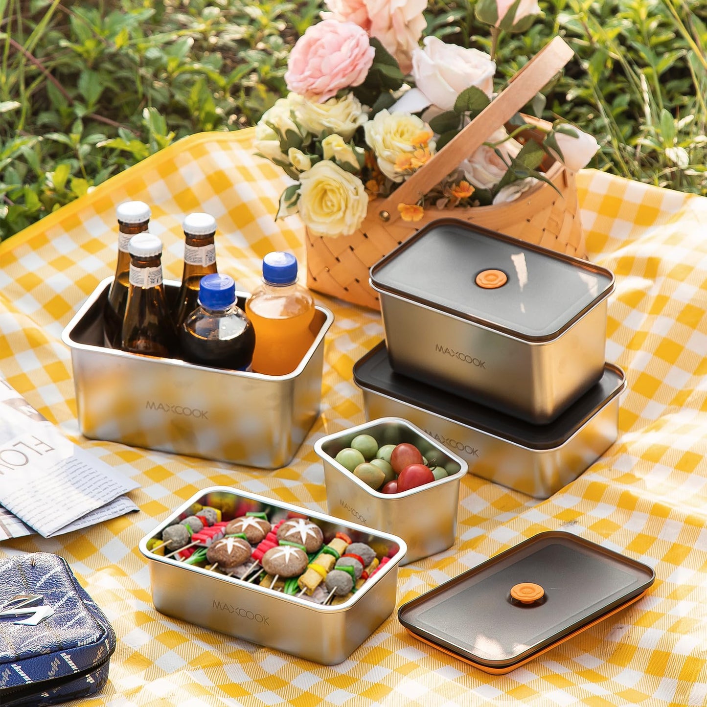 MAXCOOK Stainless Steel Food Containers with Lids, 18.6 oz & 71 oz Food Storage Container set, Metal Food Container Bento Box, Snack Container set with Lid,Dishwasher & Freezer Safe(2100 ml & 550 ml)