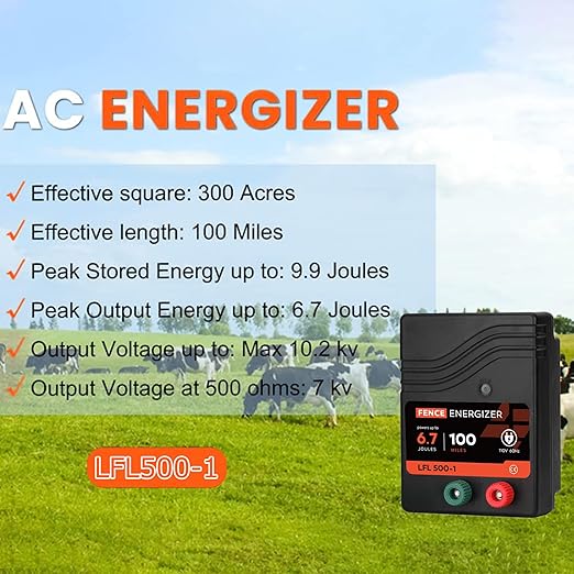 Electric Fence Charger AC Powered 100 Miles 300 Acres, 110 Volt 6.7 Joule Plug-in Electric Fence Energizer, Output Voltage Max 10.2 kV for Livestock, Preventing Predators from Intruding