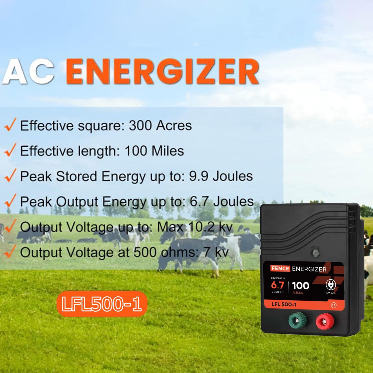 Electric Fence Charger AC Powered 100 Miles 300 Acres, 110 Volt 6.7 Joule Plug-in Electric Fence Energizer, Output Voltage Max 10.2 kV for Livestock, Preventing Predators from Intruding
