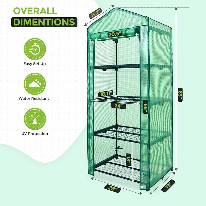 EAGLE PEAK Mini Greenhouse with Wire Shelves, Portable Indoor & Outdoor Green House with Roll-Up Zipper Door, 4 Tier, 27.2"x19.3"x64.2", Clear/Green PE Cover