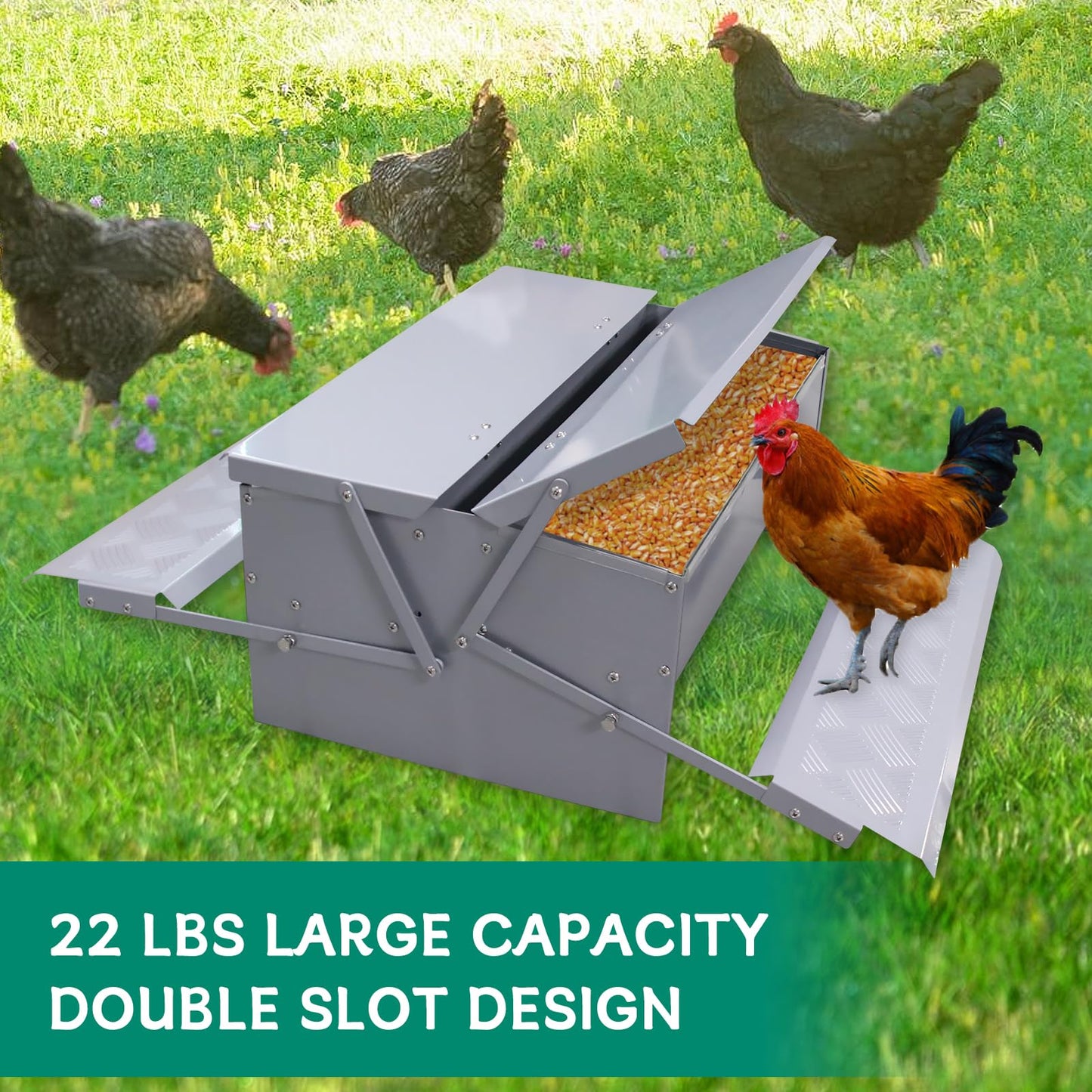Automatic Chicken Feeder No Waste Rat Proof Treadle 22lb Metal Poultry Feeding Trough with Weatherproof Lid for Pheasants Hens Roosters Duck Fowl Outdoor Coop