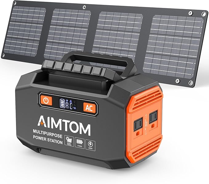 AIMTOM 200W Portable Power Station with 30W Solar Panel Bundle – 173Wh Lithium Battery, 250W Peak AC, USB-A, USB-C and 12V DC Outputs, High-Efficiency Solar Generator for Camping RV Emergency Backup
