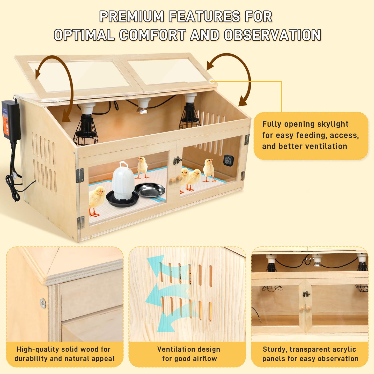 Large Chicken Brooder Box for Chick, Extra Wide 32" Wooden Chick Brooder Box with Intelligent Thermostat, Heating Lamps, Dual Sliding Drawers & Door Handle for Baby Chicks Duck Hamster Indoor Outdoor