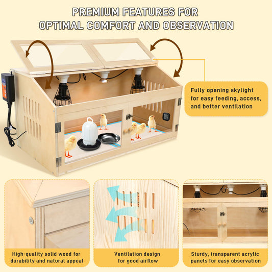 Large Chicken Brooder Box for Chick, Extra Wide 32" Wooden Chick Brooder Box with Intelligent Thermostat, Heating Lamps, Dual Sliding Drawers & Door Handle for Baby Chicks Duck Hamster Indoor Outdoor