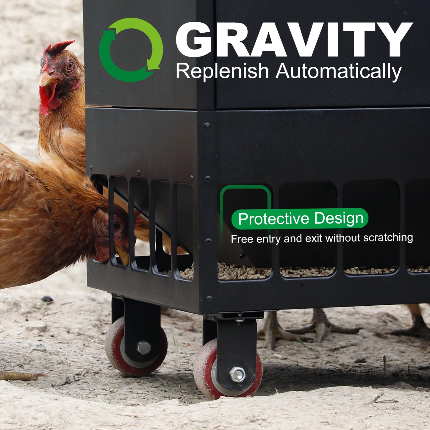 Solution4Patio 120LB Large Free Standing Chicken Feeding Barrel, Metal Poultry Feeder Set, Hen Coop, 38 Feeding Ports Portable Gravity Chicken Feeder