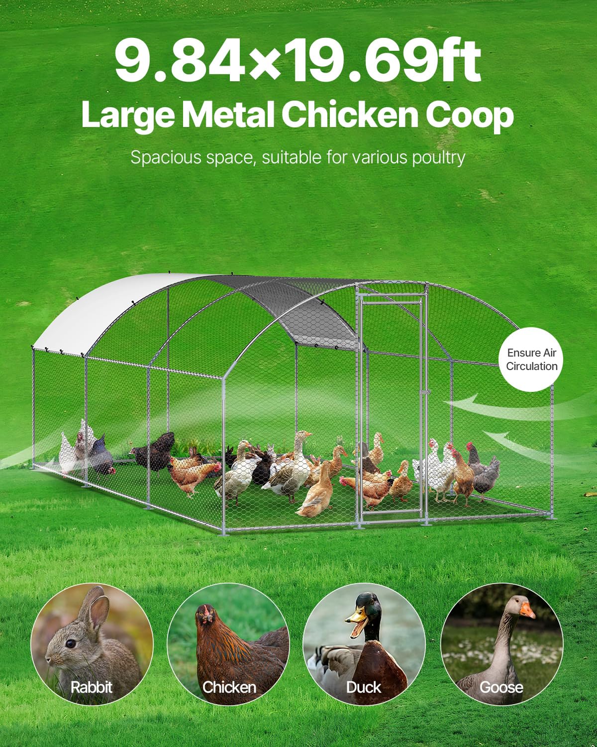 VEVOR Large Metal Chicken Coop, 19.7x9.8x6.5ft Walk-in Chicken Runs for Yard with Cover, Spire Roof Hen House with Security Lock for Outdoor and Backyard, Farm, Duck Rabbit Cage Poultry Pen