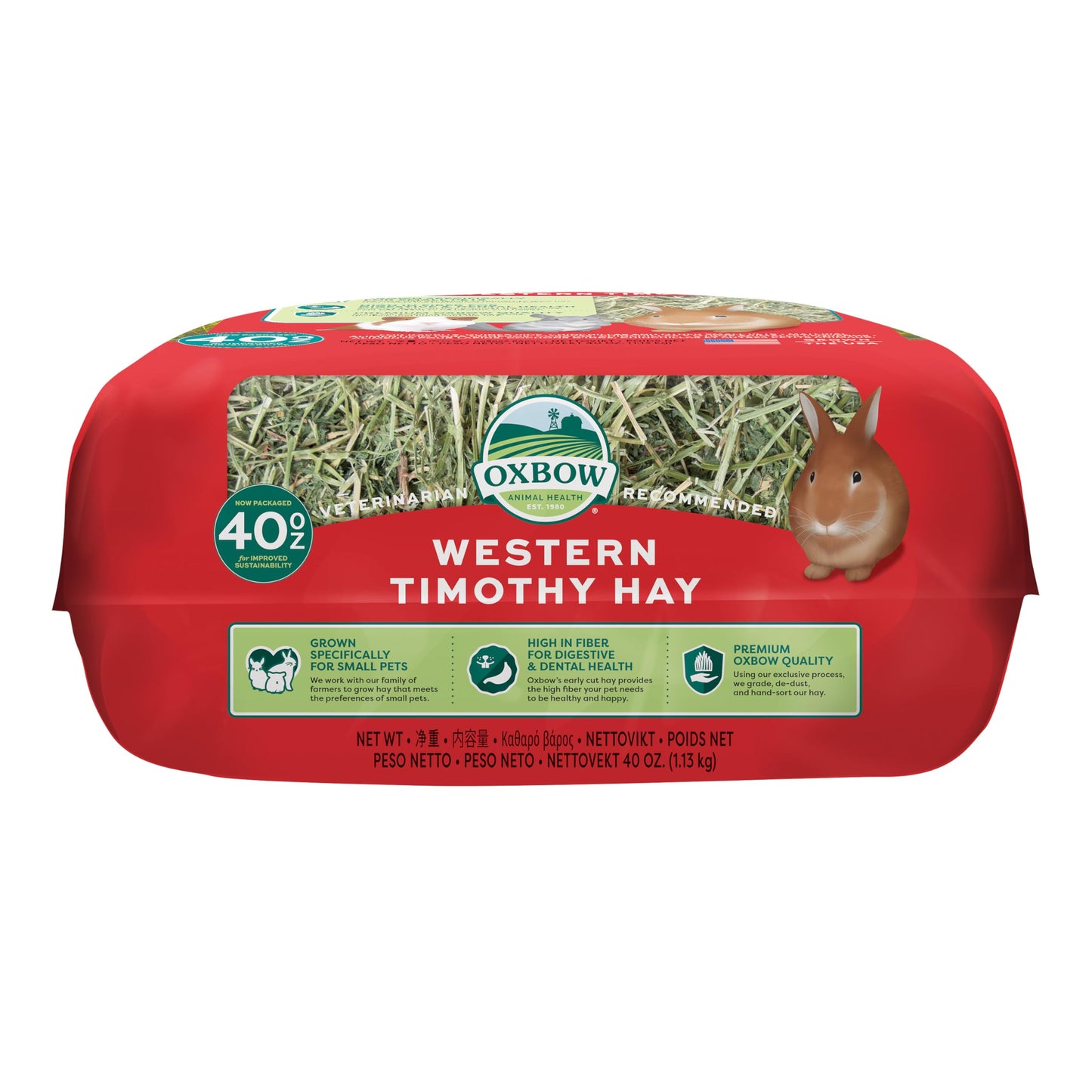 Oxbow Western Timothy Hay for Small Pets – All-Natural Grass Hay for Rabbits, Guinea Pigs, and Chinchillas – High Fiber for Digestive Health and Dental Support – 40 oz Bag