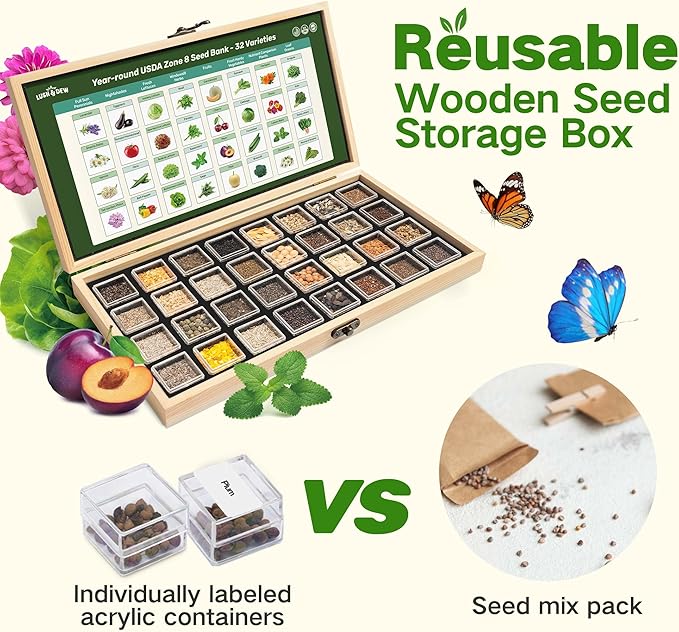 Lush&Dew Year-Round USDA Zone 8 Seed Bank, 32 Varieties Non-GMO Heirloom Seeds of Vegetables, Herbs Gardening Gifts for Women Men, Emergency, Survival Kit for Raised Garden Bed, Greenhouse