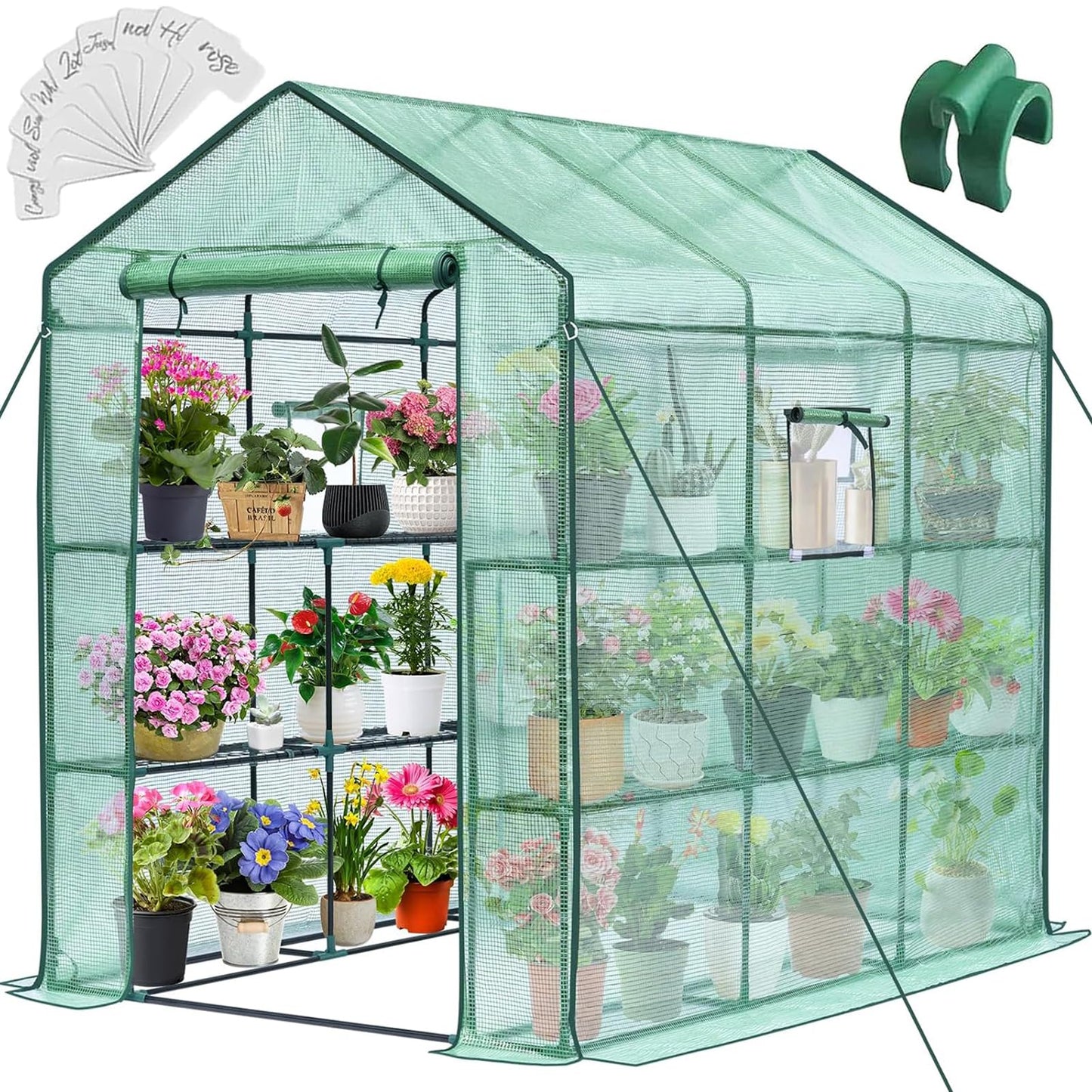 Greengro Greenhouse, 57 x 85 x 76'' Greenhouses for Outdoors, Portable Greenhouse Kit with Mesh Side Windows, PE Cover, 8 Shelves, Heavy Duty Walk in Green House for Backyard Garden Indoor Outside