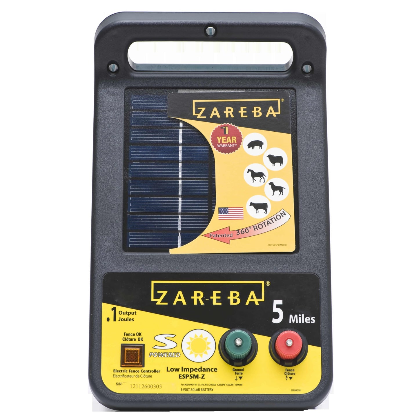 Zareba ESP5M-Z Solar Powered Electric Fence Charger - 5 Mile Lightning Electric Fence Energizer, Low Impedance, Contain Animals and Keep Out Predators, Black