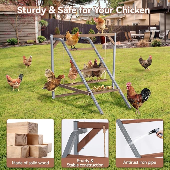 PETSFIT Chicken Perch for Coop-Solid Wood and Rustproof Iron Roosting Bar with Swing - Ideal for Backyard Poultry, Chicken Coops, and Farms-Easy to Assemble and Clean
