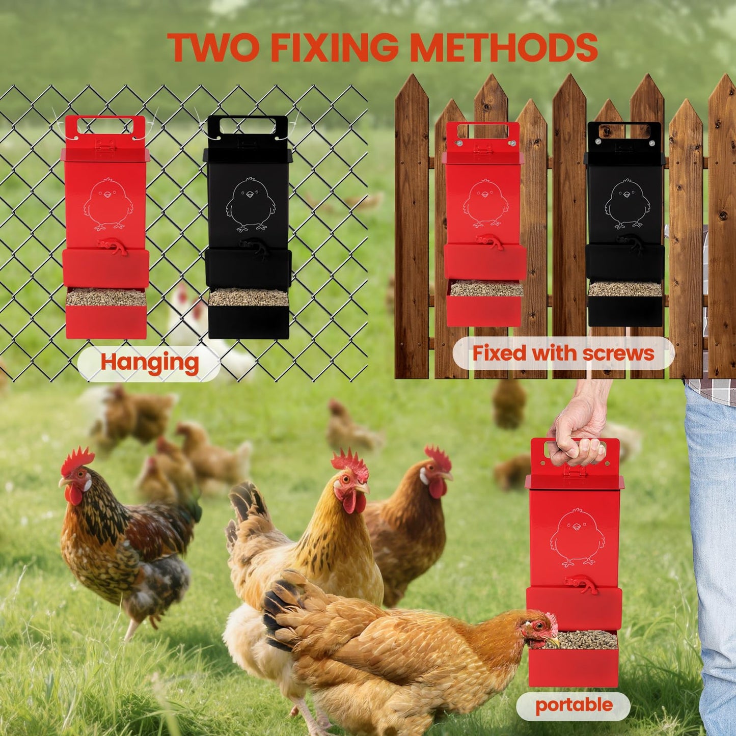 LIUXINYJEE Chicken Grit Feeder,Chicken Oyster Shell Feeder Waterproof,Feed-Level Indicator and No-Waste Chicken Feeder,Hanging Chicken Coop Accessories, Metal Automatic Chicken Feeder，10.25"X4.35" in