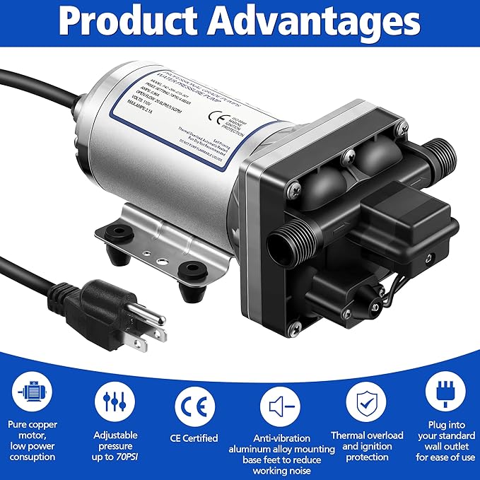 Water Pressure Booster Pump 110v 5.5 GPM 70 PSI, Self Priming Industrial Water Pump with Power Plug, Pipe Fittings Brass Connector Strainer Filter for Kitchen Bathroom Rv Marine Caravan Garden(Silver)