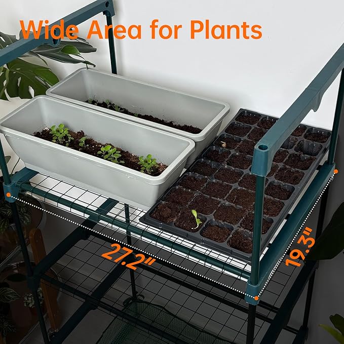 Bstrip Indoor Greenhouse with Grow Lights, PVC Tent with Waterproof Base Mat, Airflow Windows&Zippered Door, 4Pcs Grow Lights for Seed Starting with Timer, 4-Tier Greenhouse Shelf 27.2x19.3x61.8in