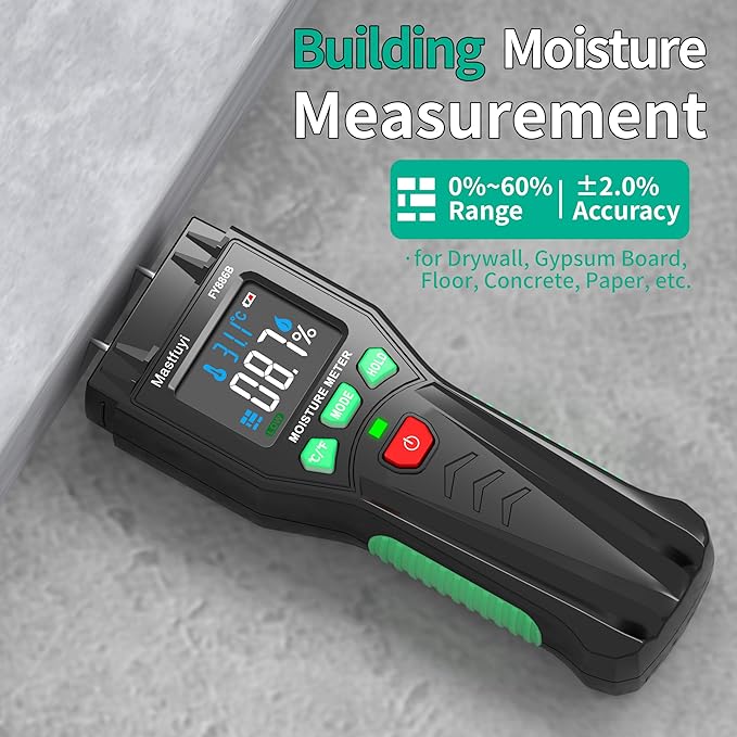 Wood Moisture Meter, Firewood Moisture Tester, Drywall Moisture Detector, Pin Type Water Leak Detector with Visual Alerts for Lumber Logs Concrete Floors Ceiling Building Material Hardwood