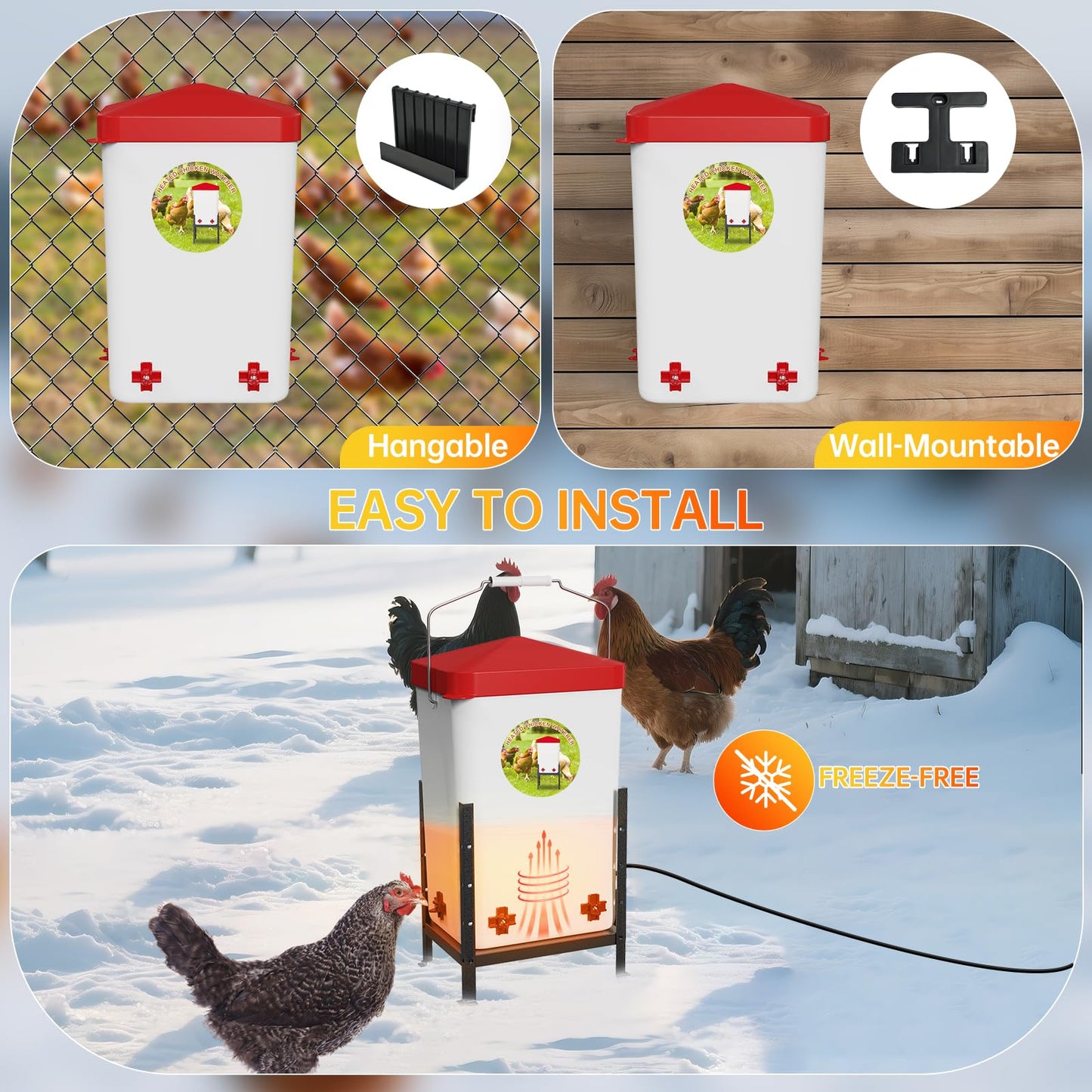 Nexum 2 Gallon Heated Chicken Waterer - Outdoor Unfrozen Poultry Drinker for Winter with 4 Nipples and Adjustable Stand Automatic Chicks Water Bucket (Red, 3 Gallon)