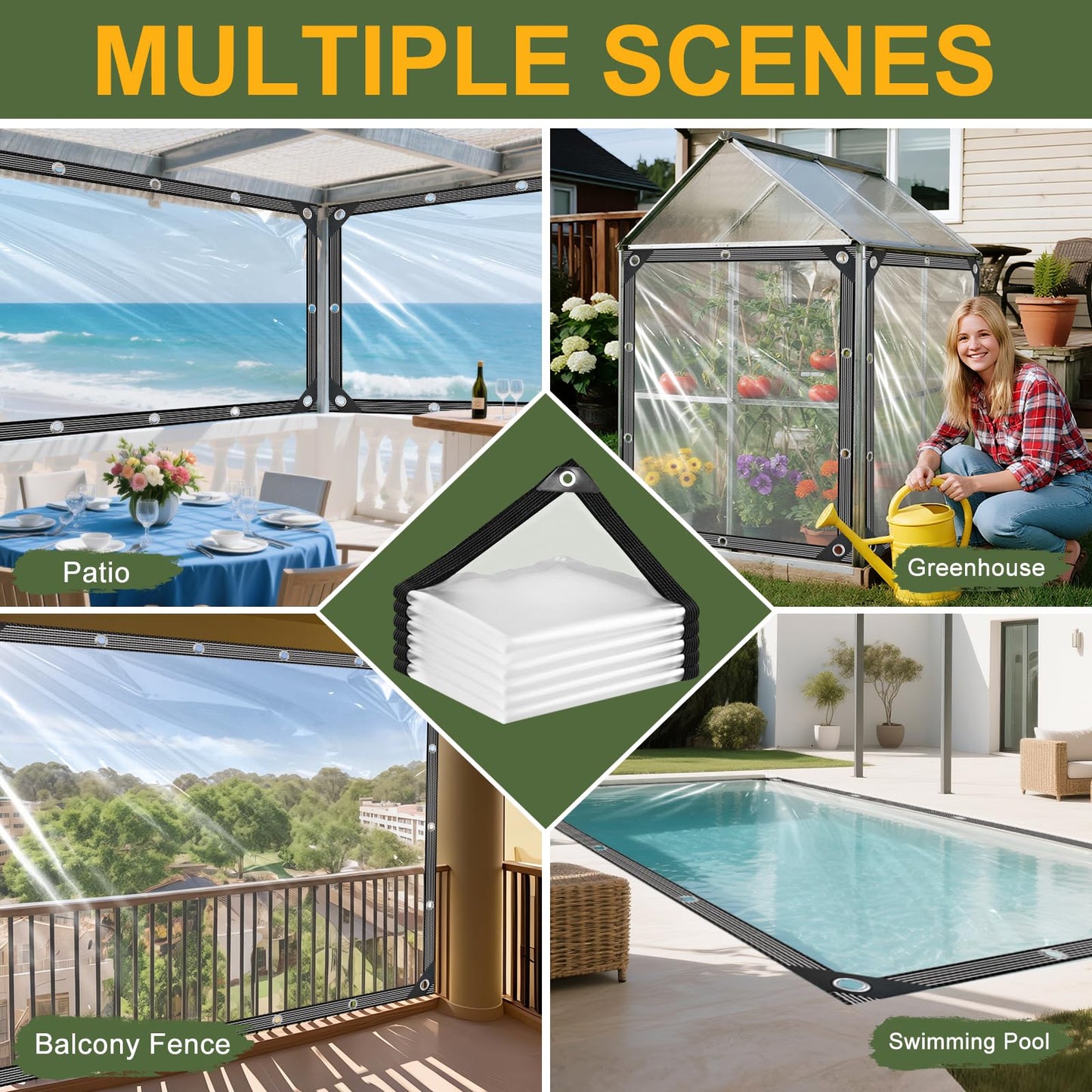 Clear Tarp with Grommets 10x20ft Clear Tarps Heavy Duty Waterproof 14 Mil Thickened PVC Tear-Resistant Reinforced Edges Clear Plastic Vinyl Tarp for Patio Chicken Coop Cover Greenhouse Plant Enclosure