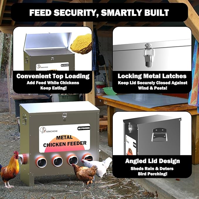Metal Chicken Feeder Large Capacity 85lbs Automatic Metal Rat Proof Chicken Feeders No Waster Weatherproof Poultry Feeder for Chickens, Geese, Ducks, Turkeys, Quails (6-Port)