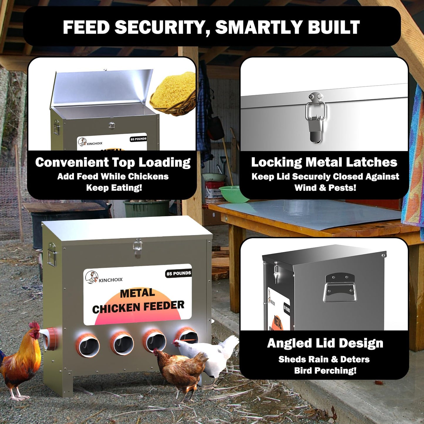 Kinchoix Metal Chicken Feeder Large Capacity 85lbs Automatic Metal Rat Proof Chicken Feeders No Waster Weatherproof Poultry Feeder for Chickens, Geese, Ducks, Turkeys, Quails (6-Port)