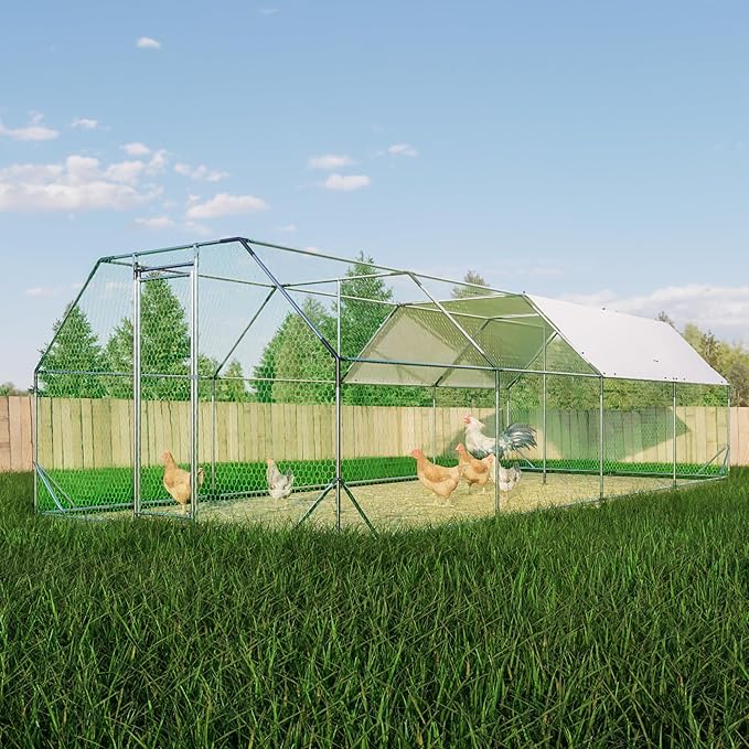 Large Metal Chicken Coop,9.94x25.68x6.36 ft Walk-in Chicken Runs for Yard with Waterproof Cover, Flat Shaped Chicken House with Door for Outdoor and Backyard, Farm,Duck Rabbit Cage