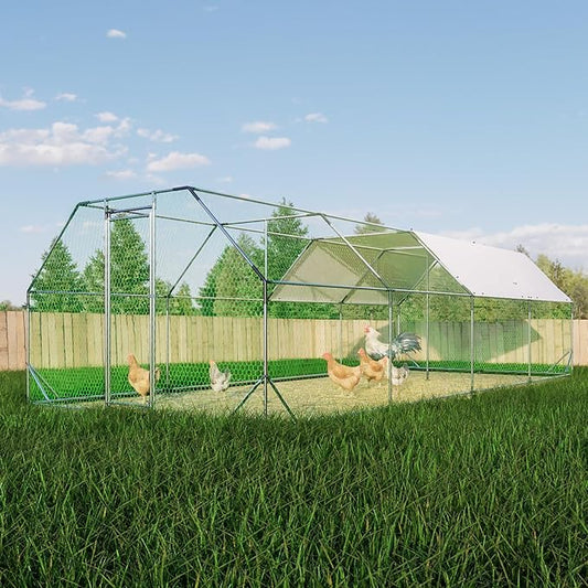 Large Metal Chicken Coop,9.94x25.68x6.36 ft Walk-in Chicken Runs for Yard with Waterproof Cover, Flat Shaped Chicken House with Door for Outdoor and Backyard, Farm,Duck Rabbit Cage