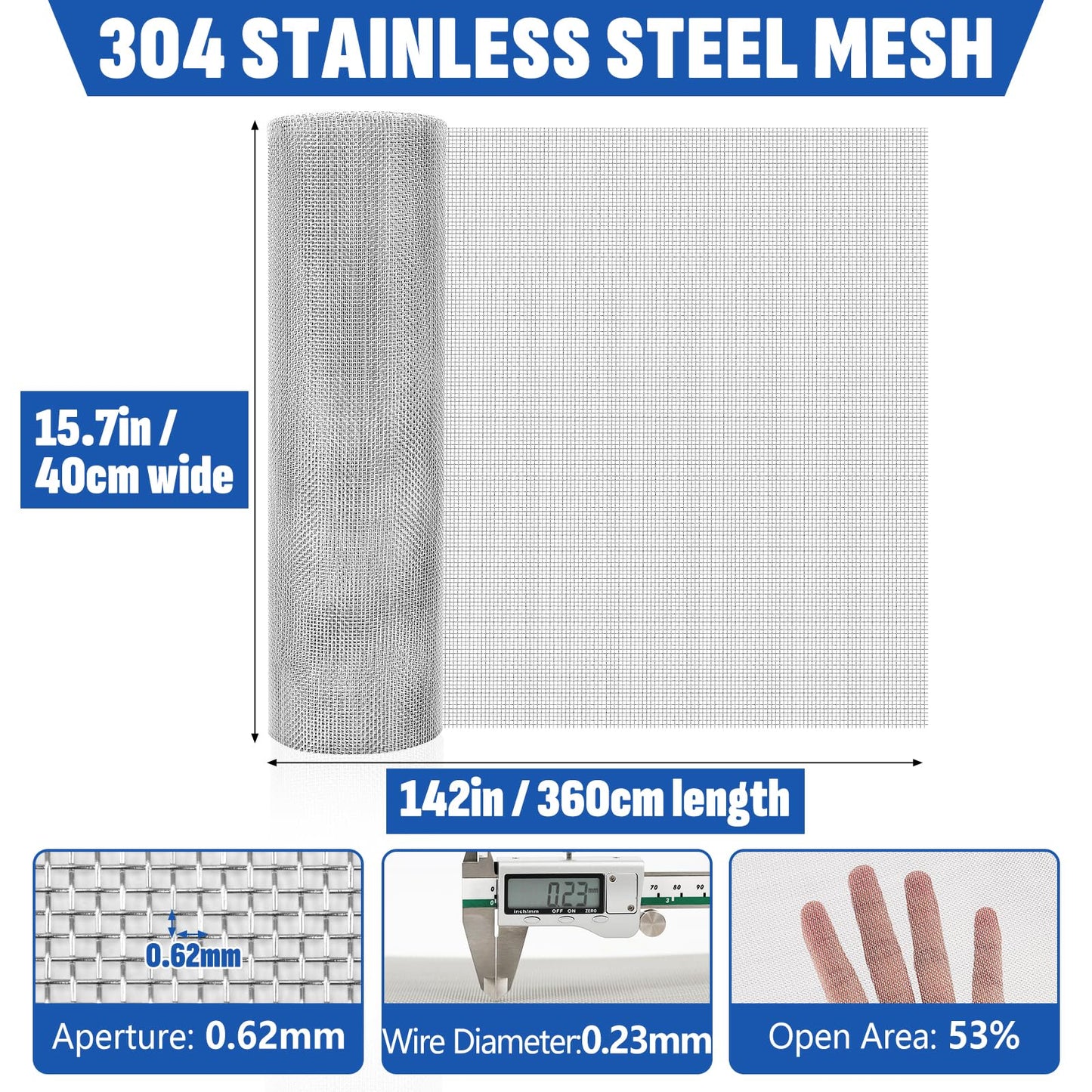 30 Mesh 304 Stainless Steel Mesh Screen, 15.7'' x 142''(40cm x 360cm) Wire Screen Mesh, Rust Free Woven Wire Mesh, Metal Mesh Screen for Air Vents, Window Screen, Filters, Garden Covers