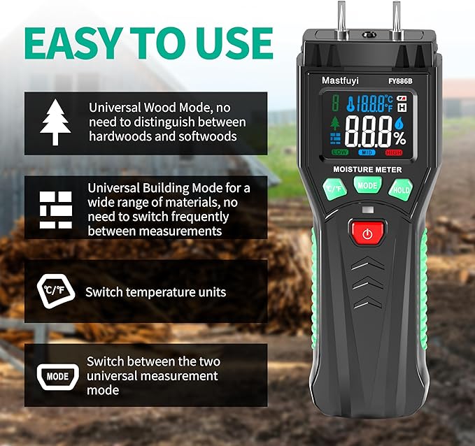Wood Moisture Meter, Firewood Moisture Tester, Drywall Moisture Detector, Pin Type Water Leak Detector with Visual Alerts for Lumber Logs Concrete Floors Ceiling Building Material Hardwood