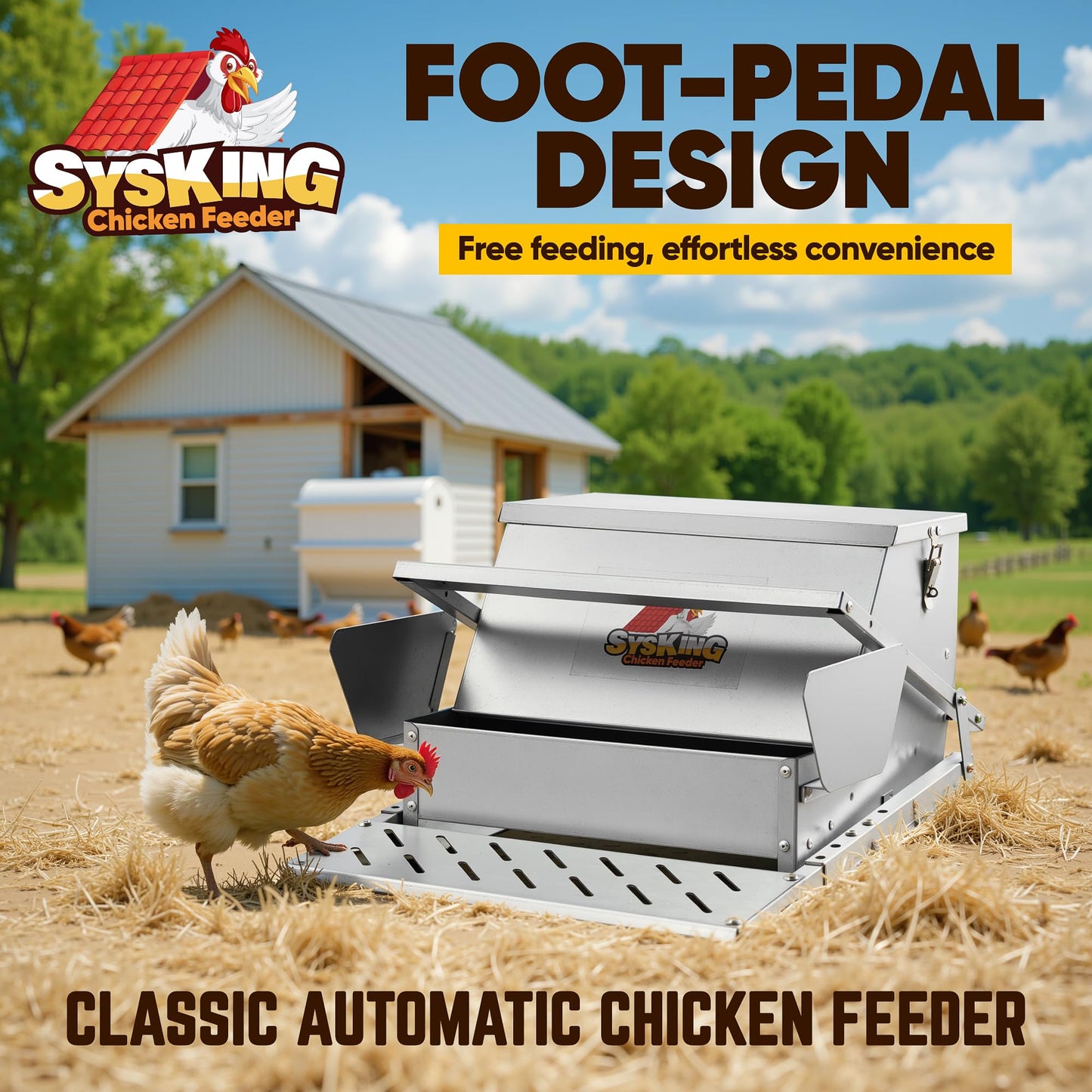SYSKING Automatic Chicken Feeder - Chicken Feeders No Waste, 25 LB Large Metal Treadle Rat Proof Poultry Feeder for 6-12 Chickens for 10 Days, Weatherproof Lid, Galvanized Steel