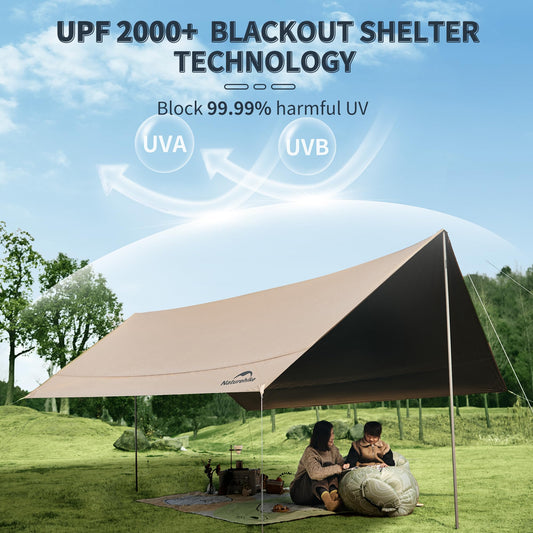 Naturehike Cloud Skies Camping Tent Tarp with Poles, Waterproof PU 18000mm+ Rain Shelter, Anti-UV UPF2000+ Camping Sun Shelter Canopy