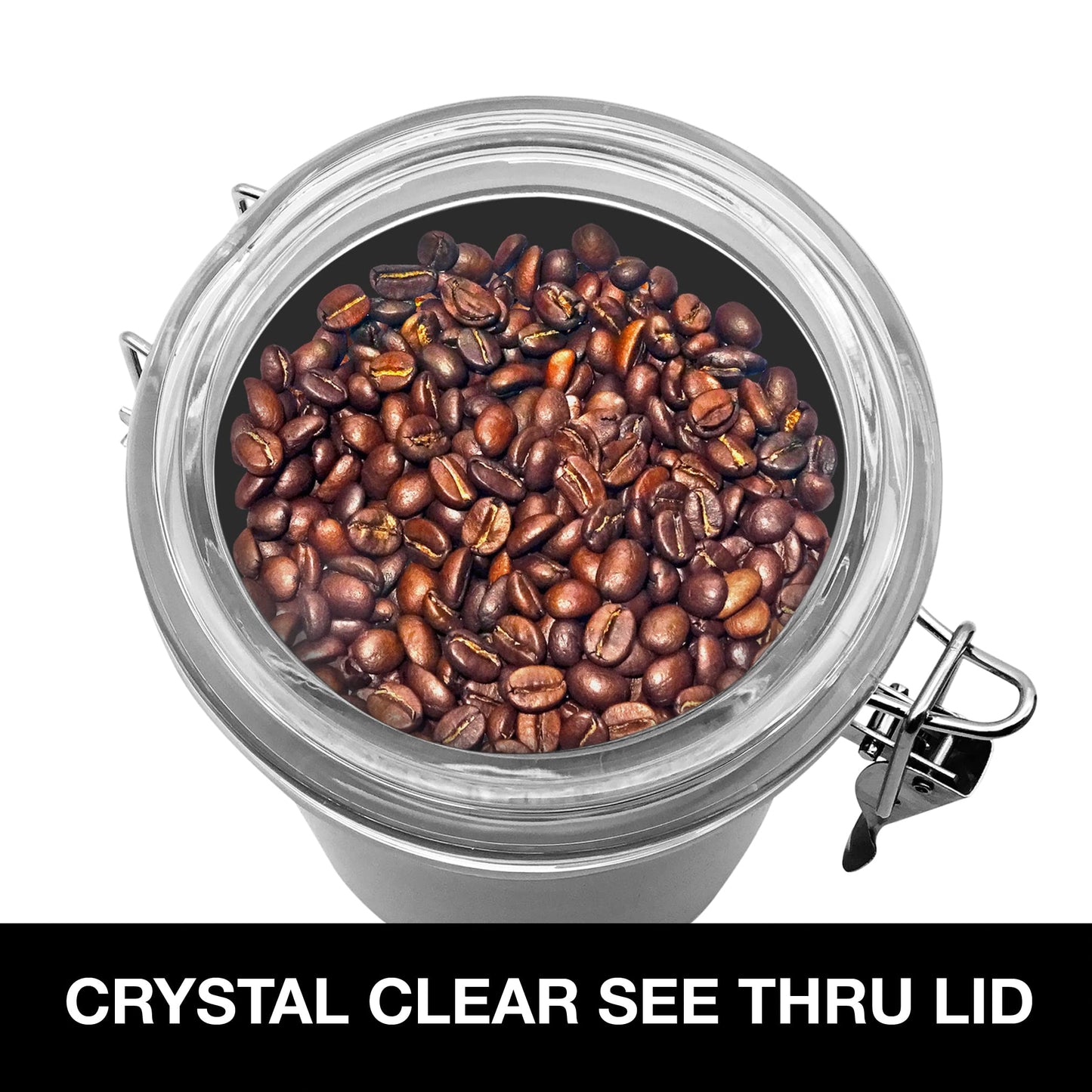 OGGI Stainless Steel Kitchen Canister 26 fl oz - Airtight Clamp Lid, Clear See-Thru Top - Ideal for Kitchen Storage, Food Storage, Pantry Storage. Size 5" x 3.5".