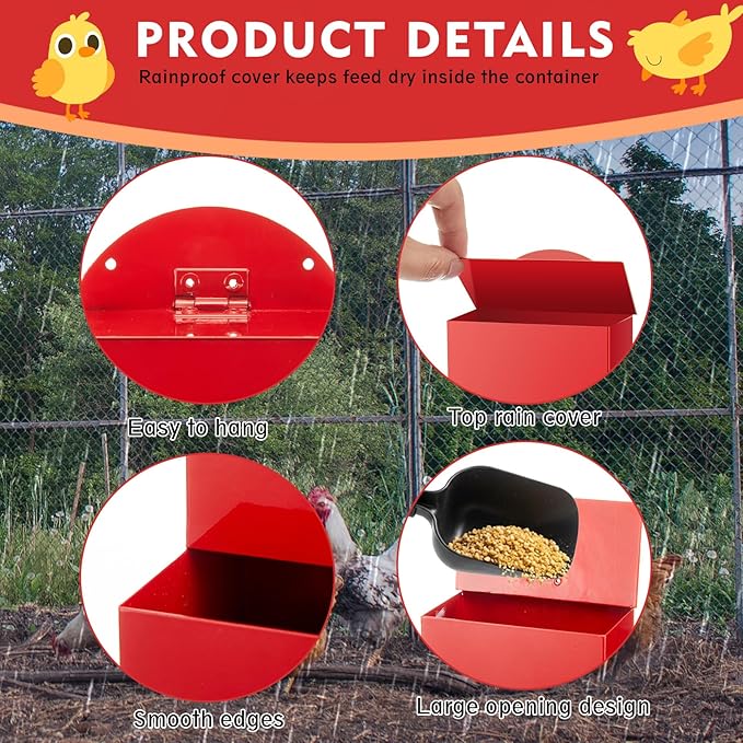 Leinuosen 4 Pack Metal Chicken Oyster Shell and Grit Feeder with Lid Rainproof Hanging Chicken Feeder Trough Automatic Gravity Poultry Coop Accessories Water Dispenser for Chicks, Ducks, Quail